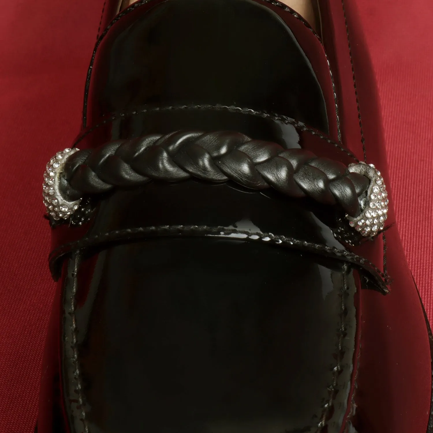 Crystal Beads Embellishments Loafers in Black Patent Leather