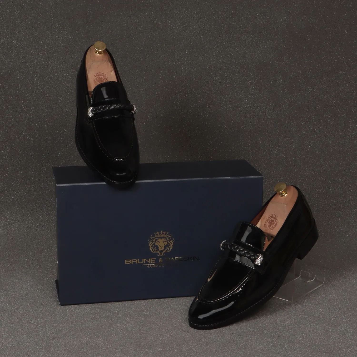 Crystal Beads Embellishments Loafers in Black Patent Leather