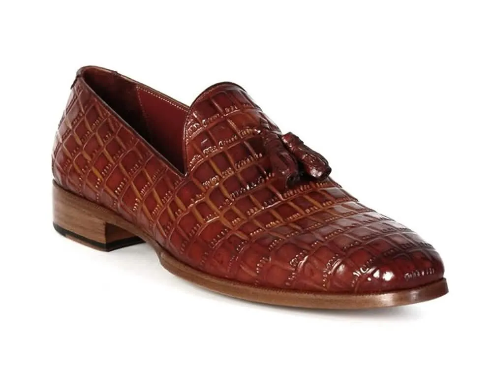 Custom Hand-Painted Brown Crocodile-Embossed Calfskin Slip-On Tassel Loafers