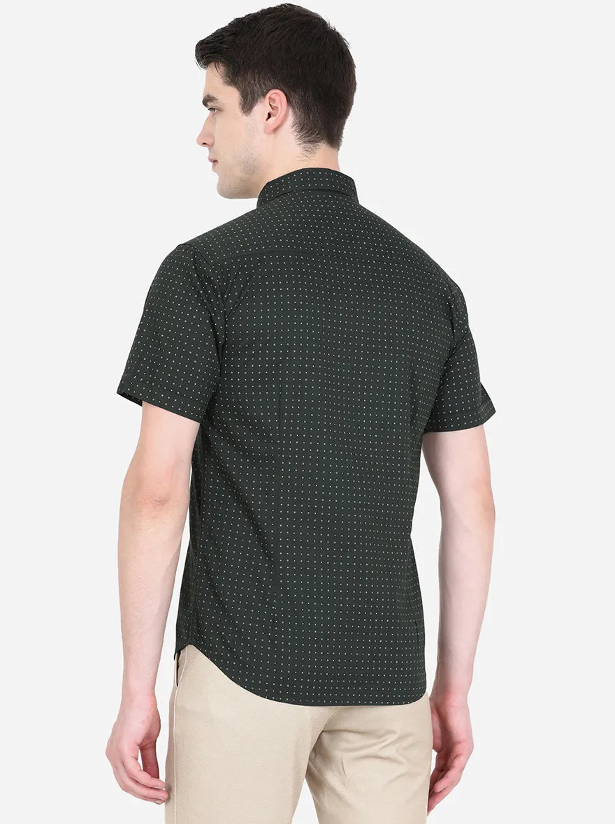 Dark Green Printed Slim Fit Semi Casual Shirt | Greenfibre