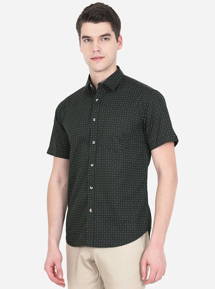 Dark Green Printed Slim Fit Semi Casual Shirt | Greenfibre