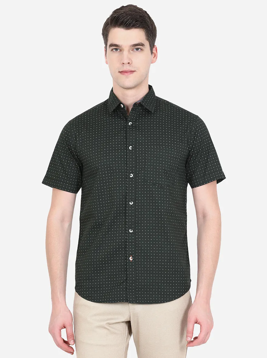 Dark Green Printed Slim Fit Semi Casual Shirt | Greenfibre