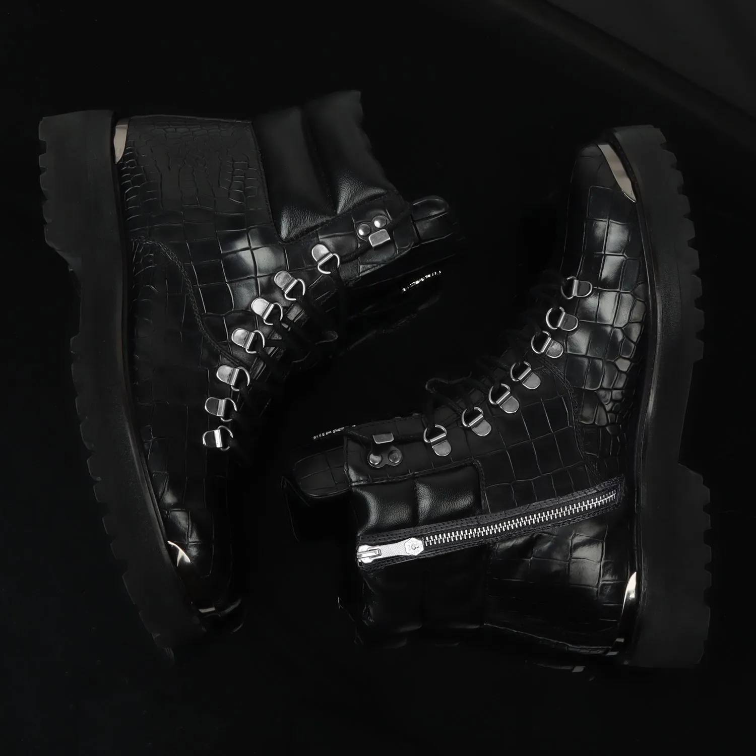 Deep Cut Leather Black Chunky Boot with Zip Closure