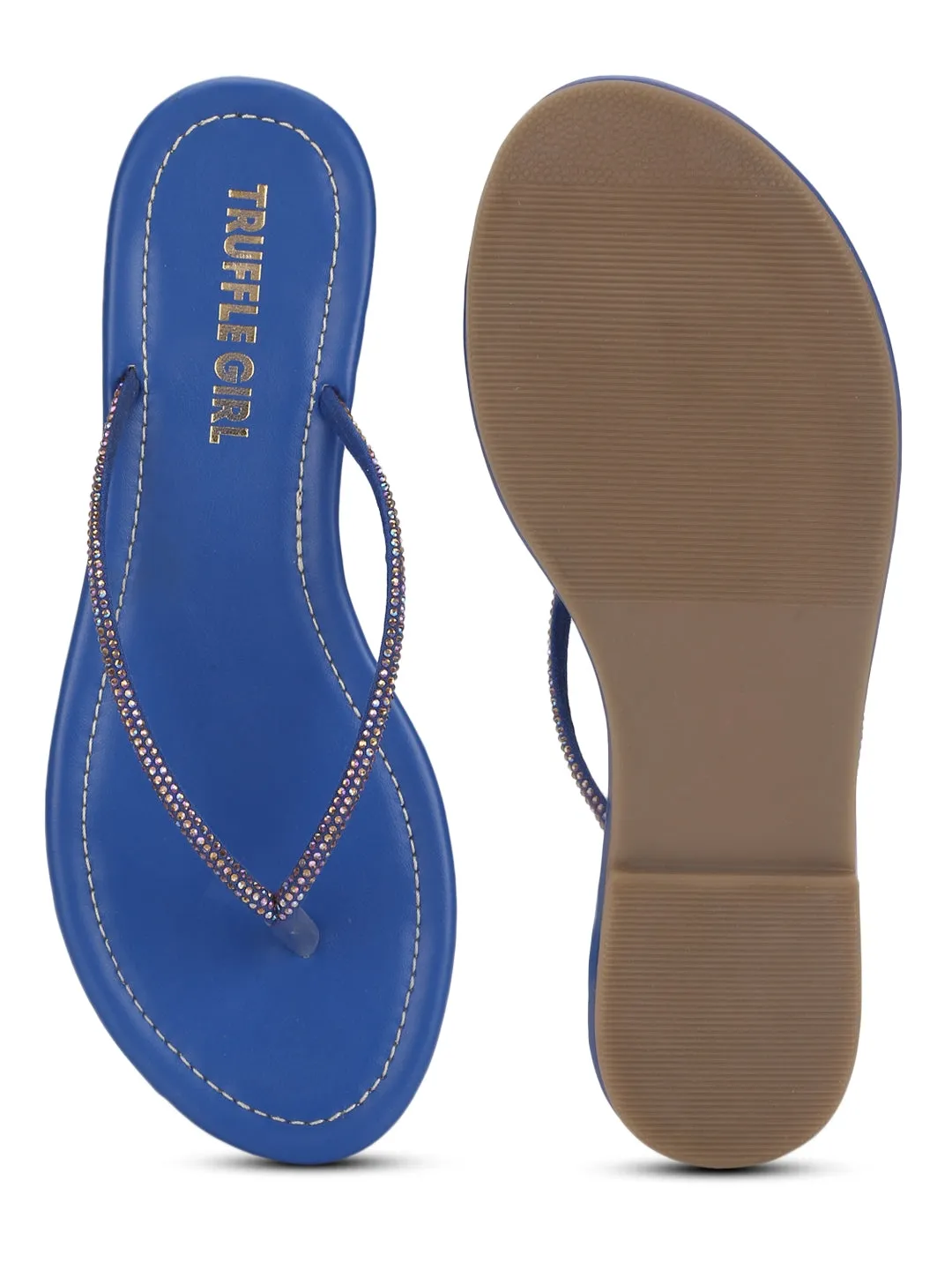 Embellished Blue PU Slip on Flat Sandals