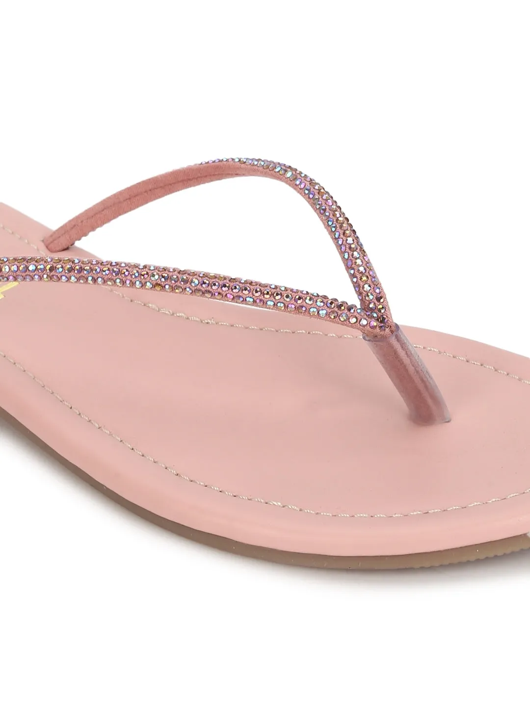 Embellished Nude PU Slip on Flat Sandals