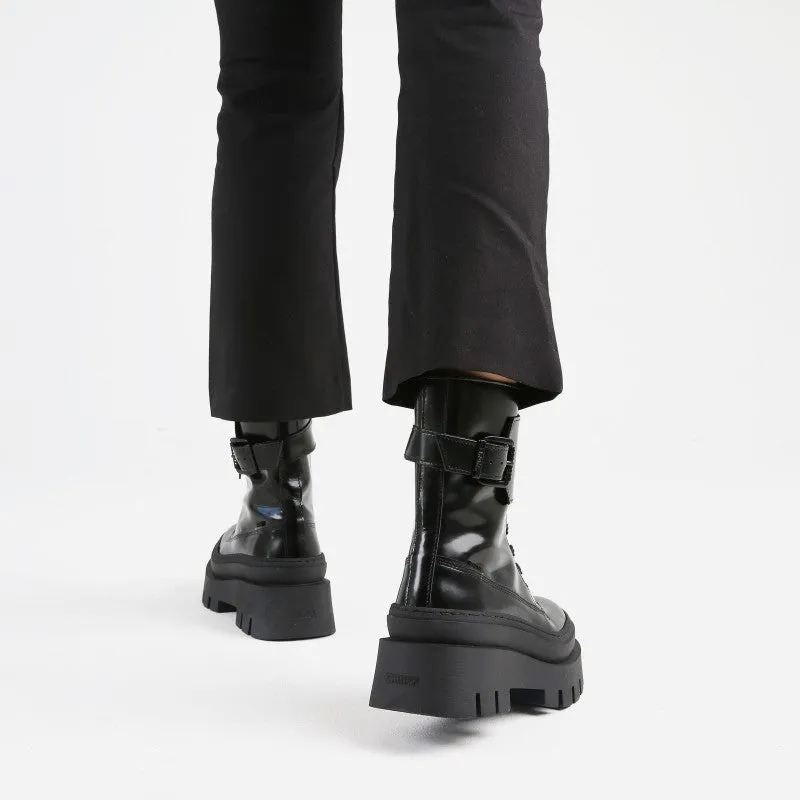 Evi Ann Black Leather Chunky Boots