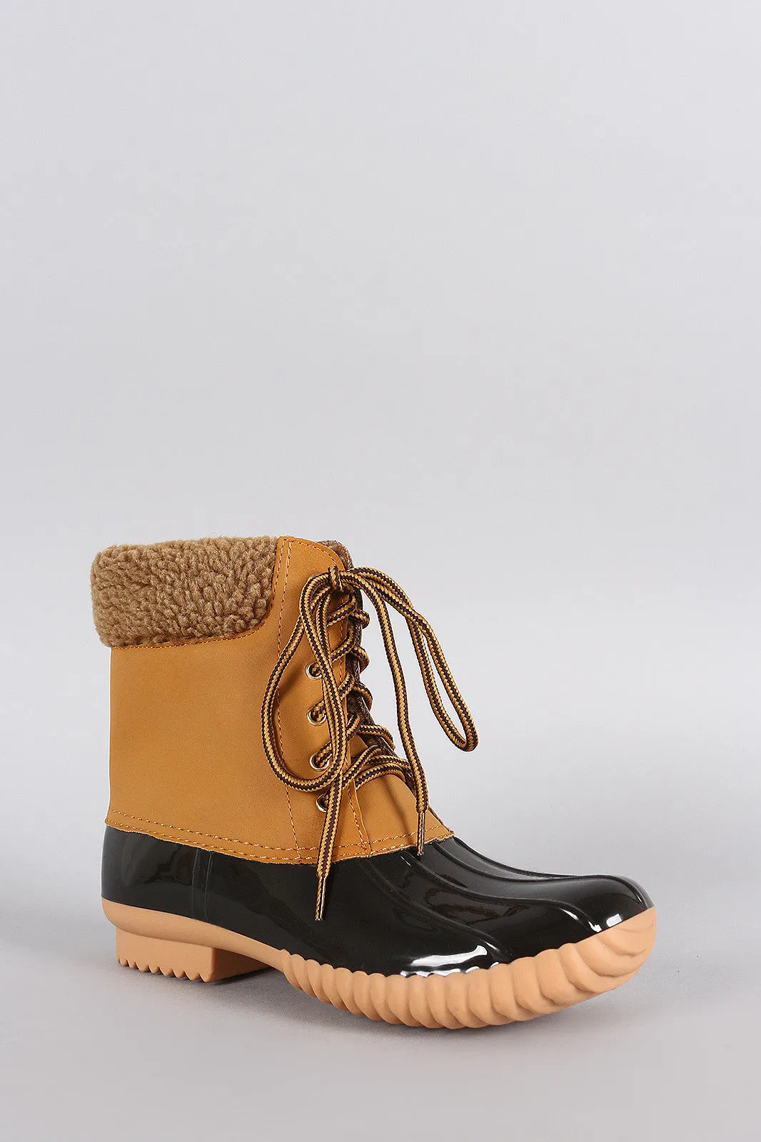 Faux Shearling Cuff Lace Up Duck Ankle Boots