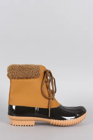 Faux Shearling Cuff Lace Up Duck Ankle Boots