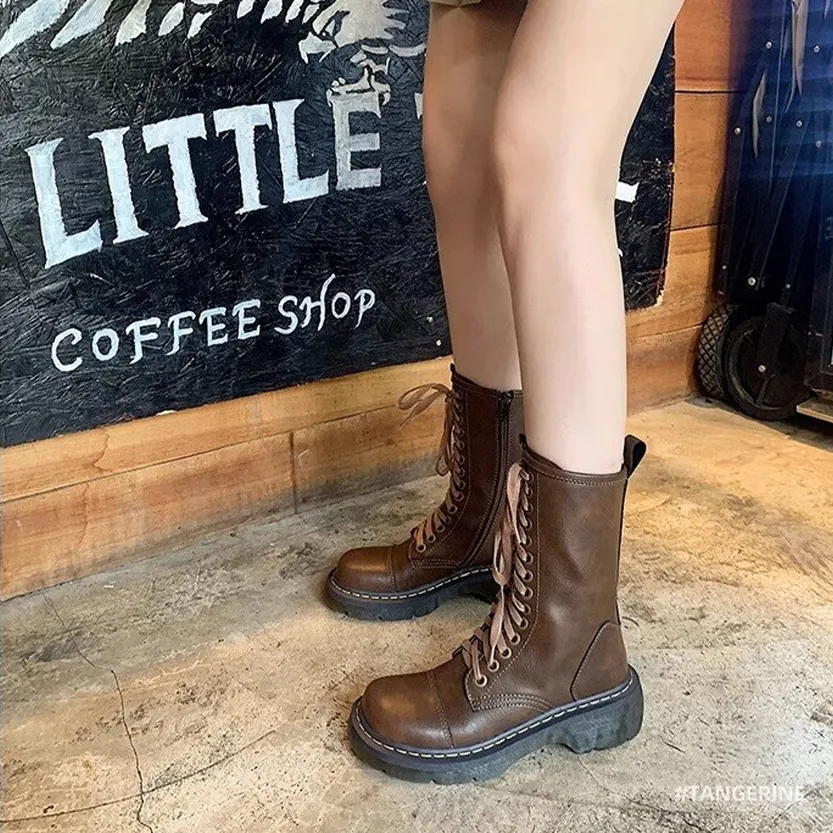 Funki Buys | Boots | Women's Brown Lace Up Calf Combat Boot