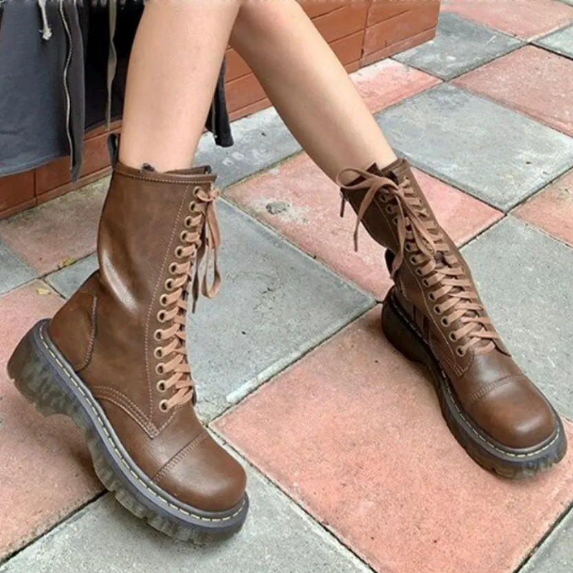 Funki Buys | Boots | Women's Brown Lace Up Calf Combat Boot