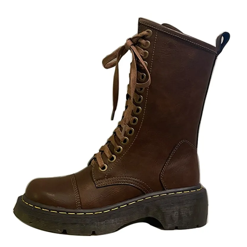 Funki Buys | Boots | Women's Brown Lace Up Calf Combat Boot