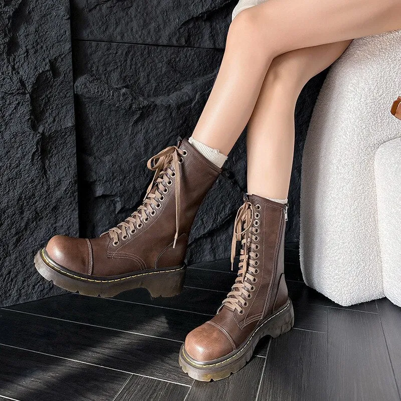 Funki Buys | Boots | Women's Brown Lace Up Calf Combat Boot