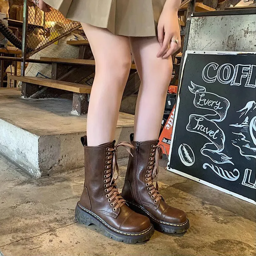 Funki Buys | Boots | Women's Brown Lace Up Calf Combat Boot