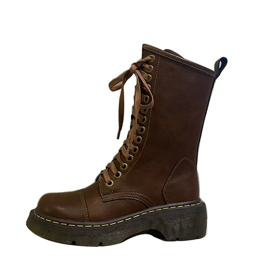 Funki Buys | Boots | Women's Brown Lace Up Calf Combat Boot