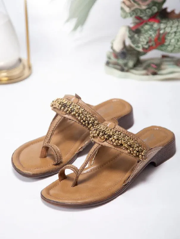 Ghugroo Love - Tan Handcrafted Kolhapuri Flats