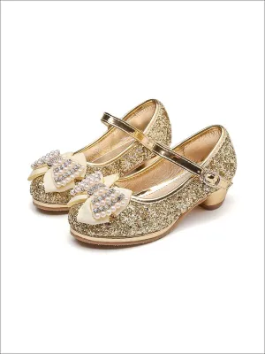 Girls Glitter Bow Tie Pearl Embellished Princess Shoes By Liv and Mia