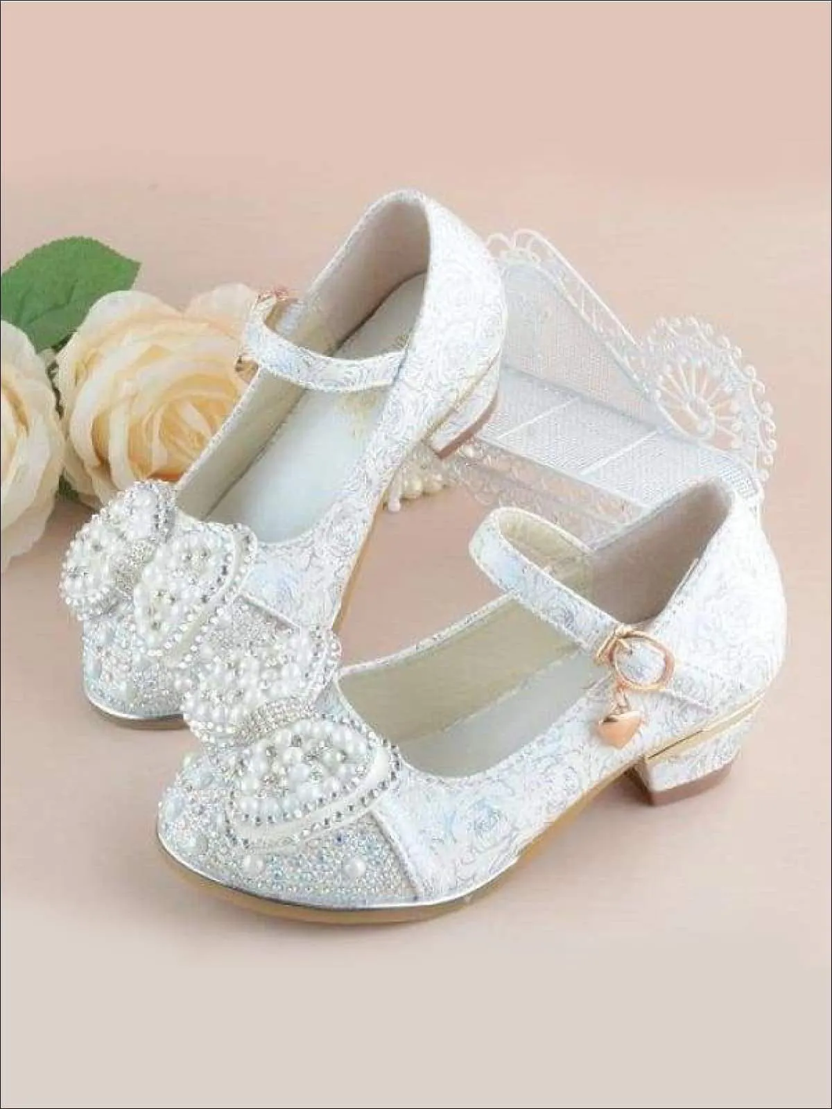 Girls Pearl Embellished Bow Tie Flats with Mini Heel By Liv and Mia