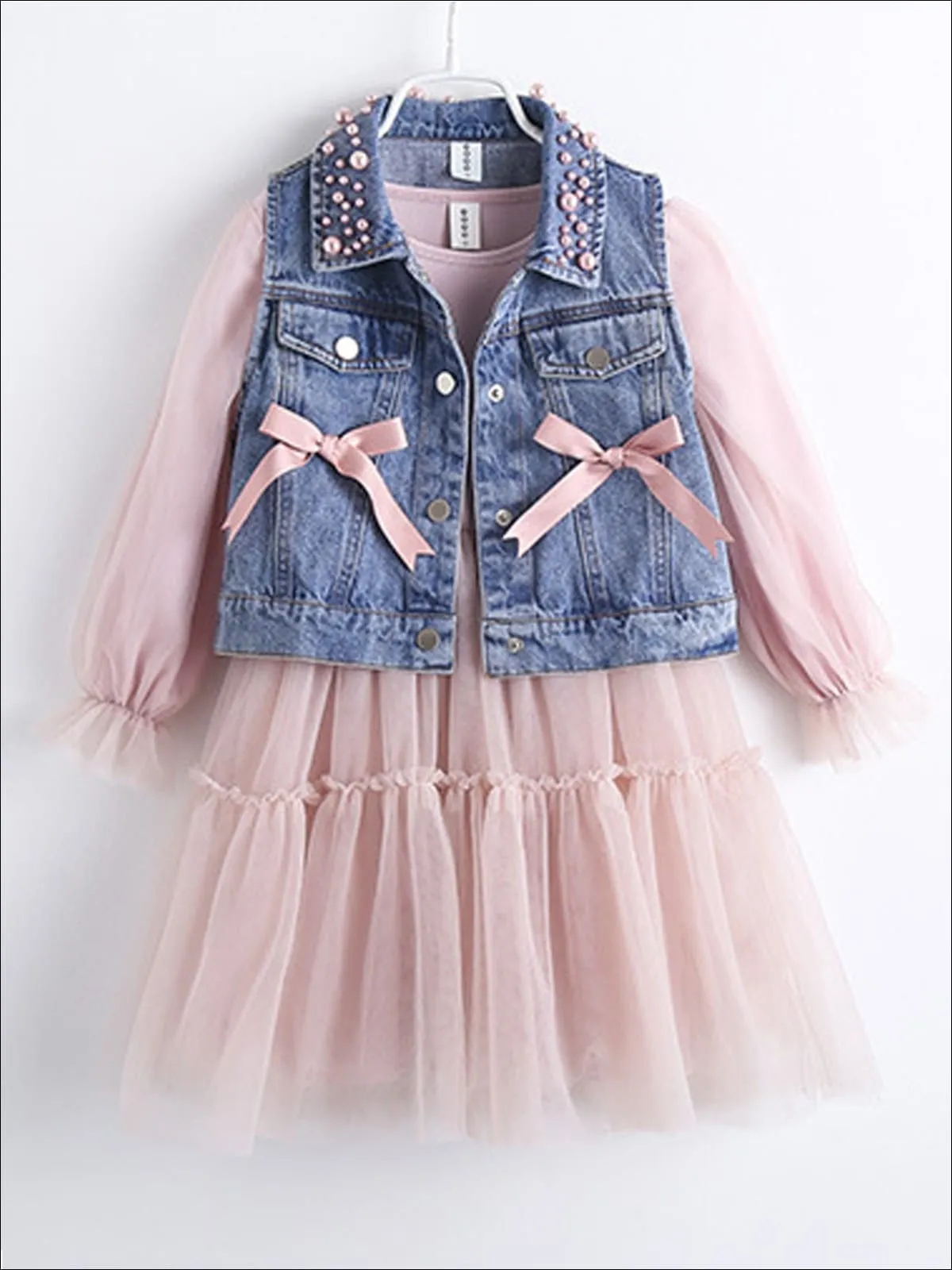 Girls Pink Long Sleeve Tutu Dress with Pearl Embellished And Bow Denim Vest