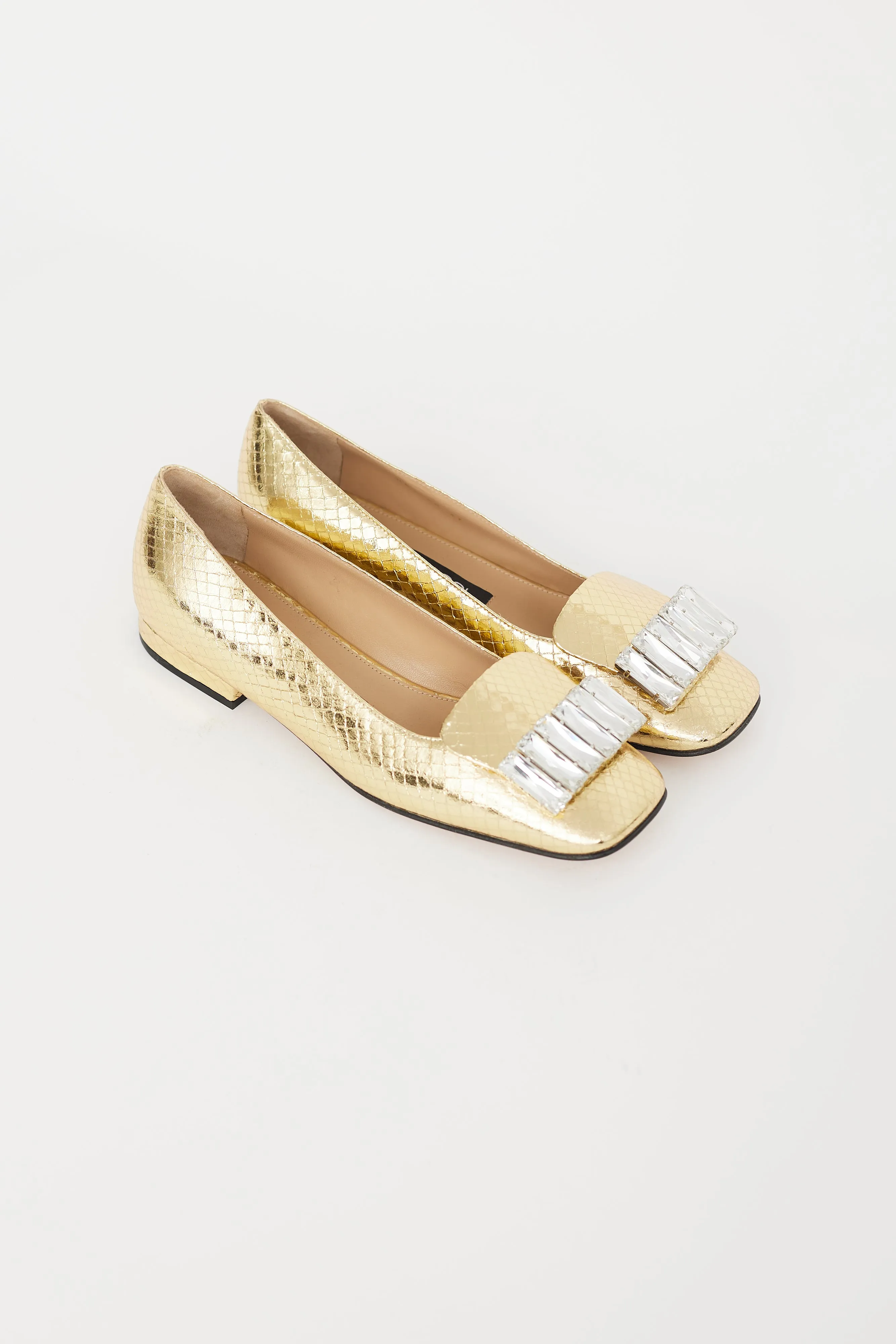 Gold Embossed Leather Embellished Flat