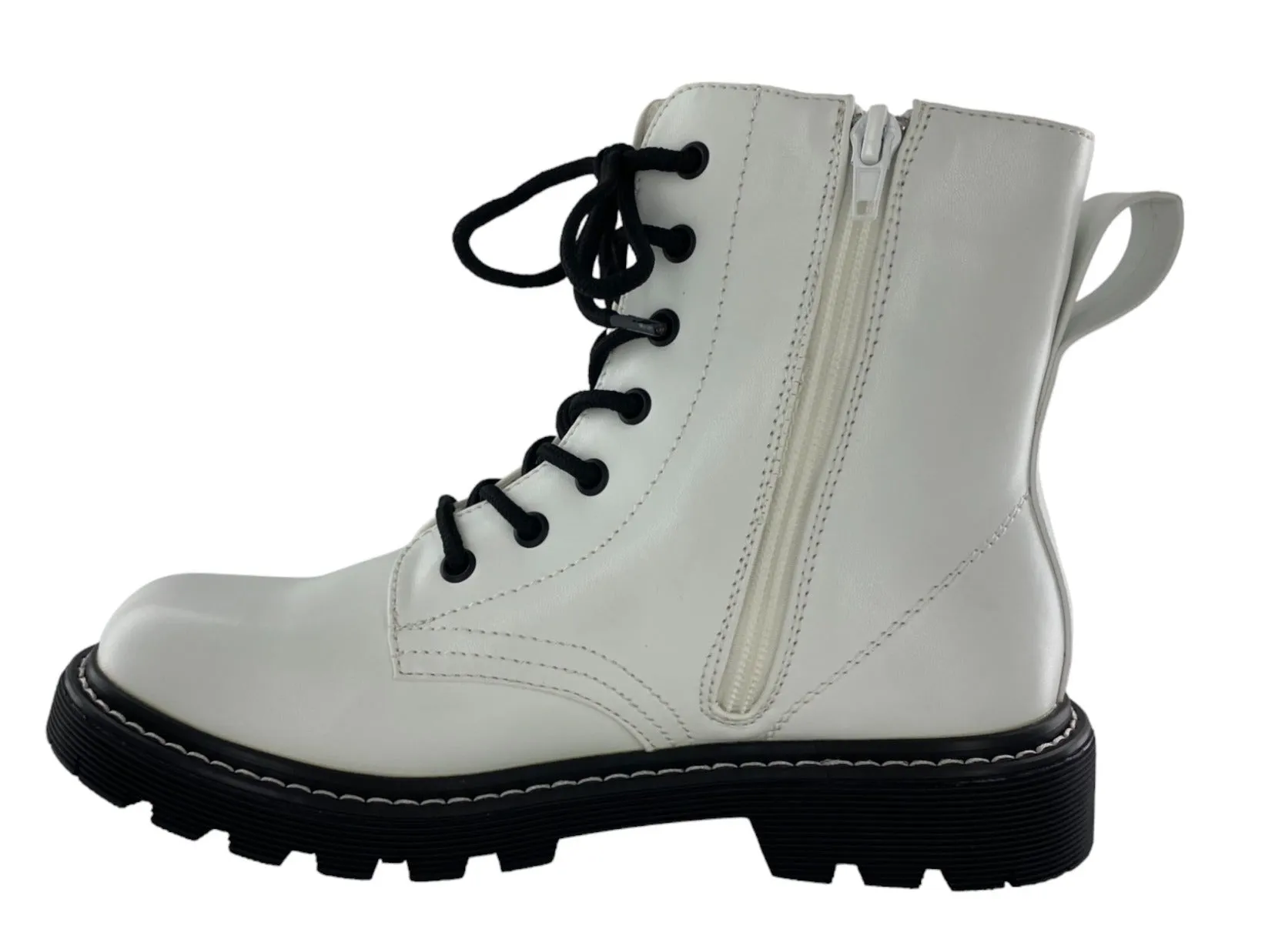 Gotta Flurt Women's Lori White Faux Leather Combat Boot With Side Zipper