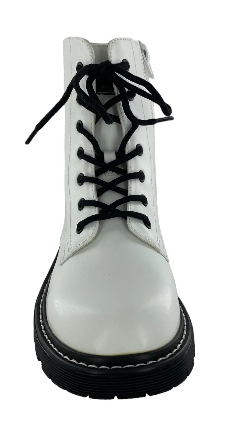 Gotta Flurt Women's Lori White Faux Leather Combat Boot With Side Zipper