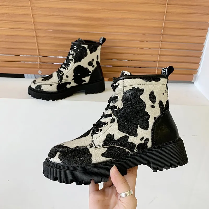 Harajuku Kawaii Style Cow Print Combat Boots