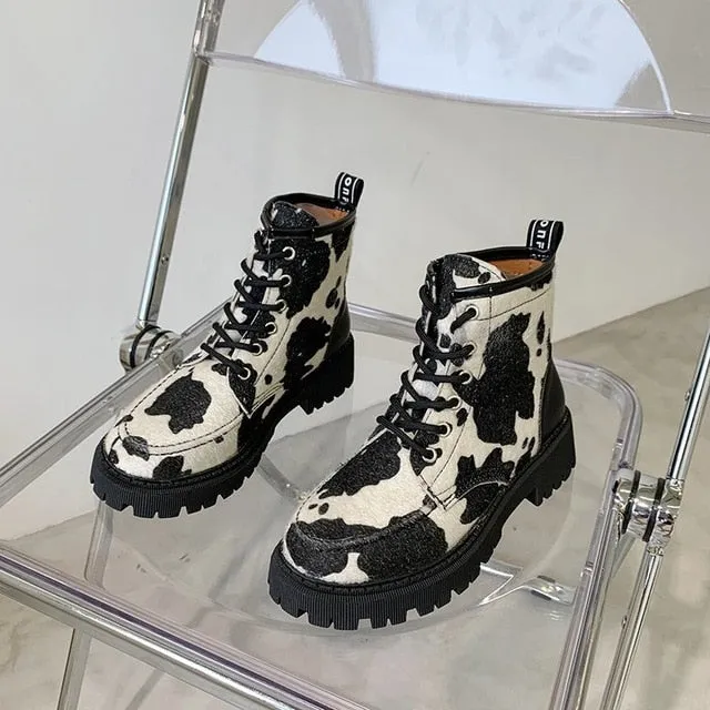 Harajuku Kawaii Style Cow Print Combat Boots