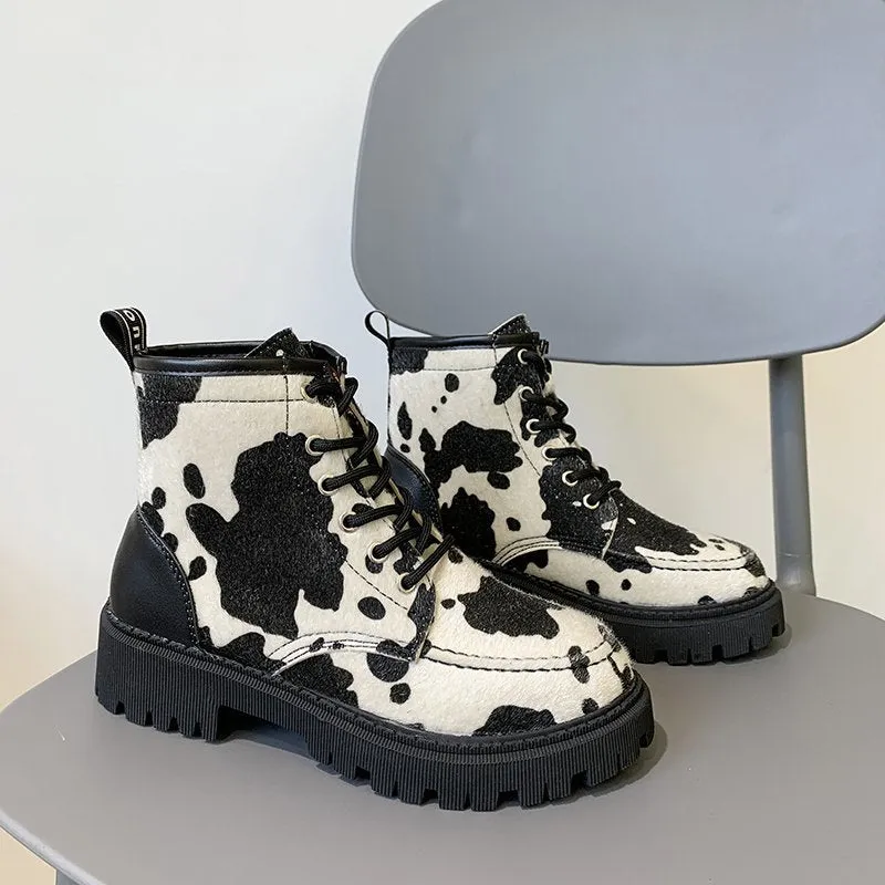 Harajuku Kawaii Style Cow Print Combat Boots