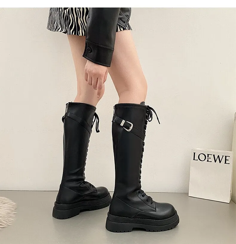 Harajuku Korean Fashion Knee High Laceup Combat Boots (Black)