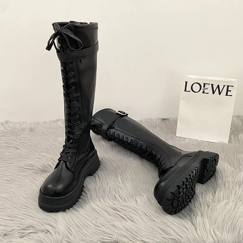 Harajuku Korean Fashion Knee High Laceup Combat Boots (Black)