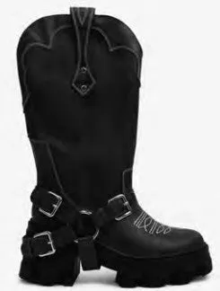 HYBRID MOTO Black Faux Leather Platform Boot - White Contrast Western Inspired Detail - Mid Calf Boot