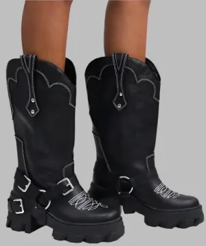 HYBRID MOTO Black Faux Leather Platform Boot - White Contrast Western Inspired Detail - Mid Calf Boot