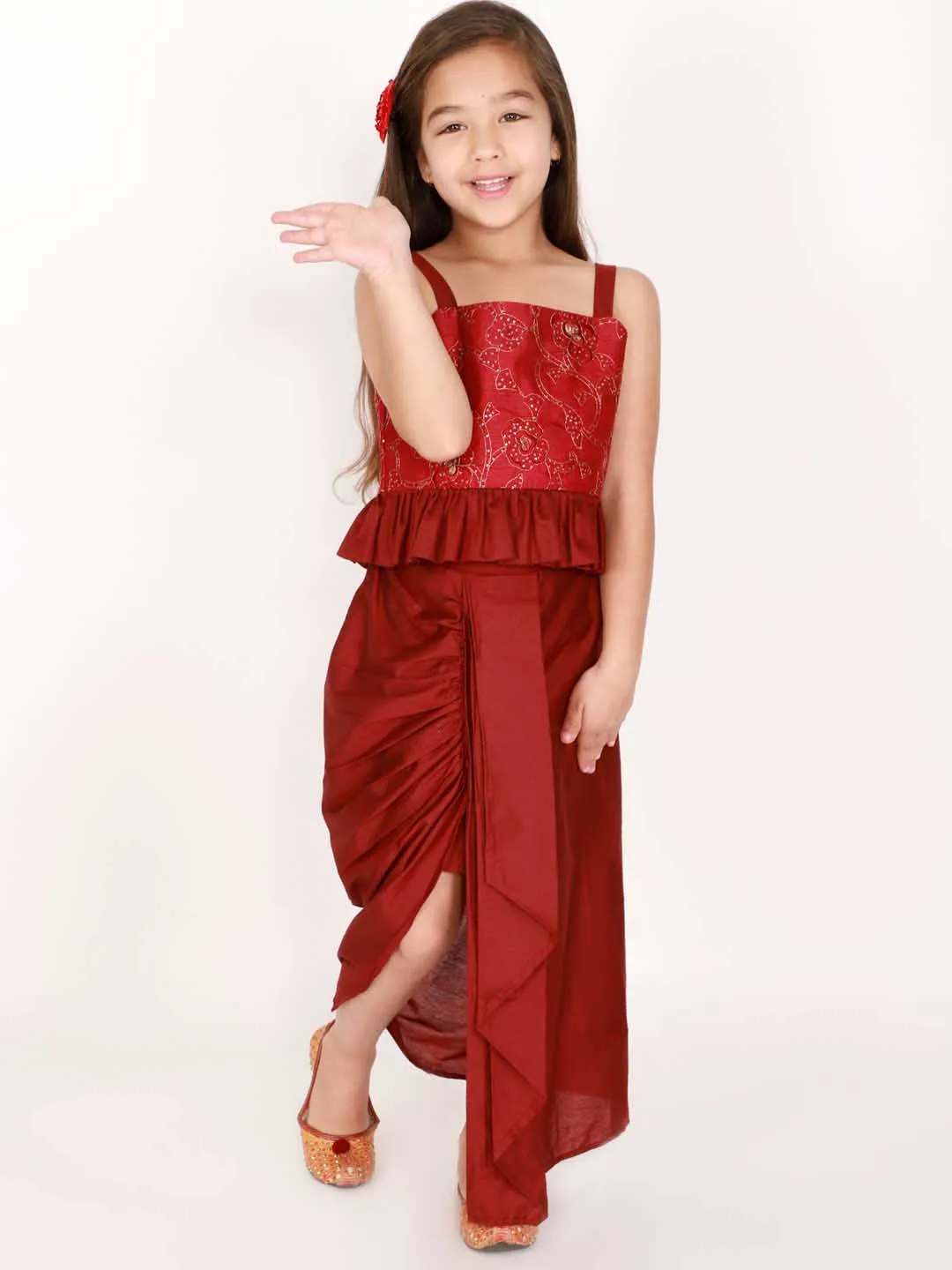 Jashvi Girl's Maroon Draped Skirt With Crop Top