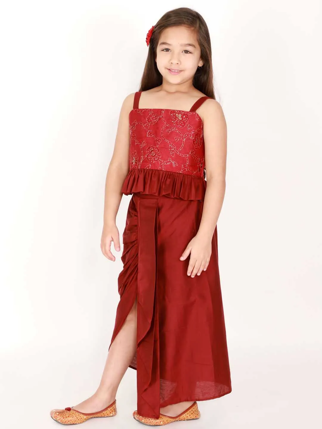 Jashvi Girl's Maroon Draped Skirt With Crop Top