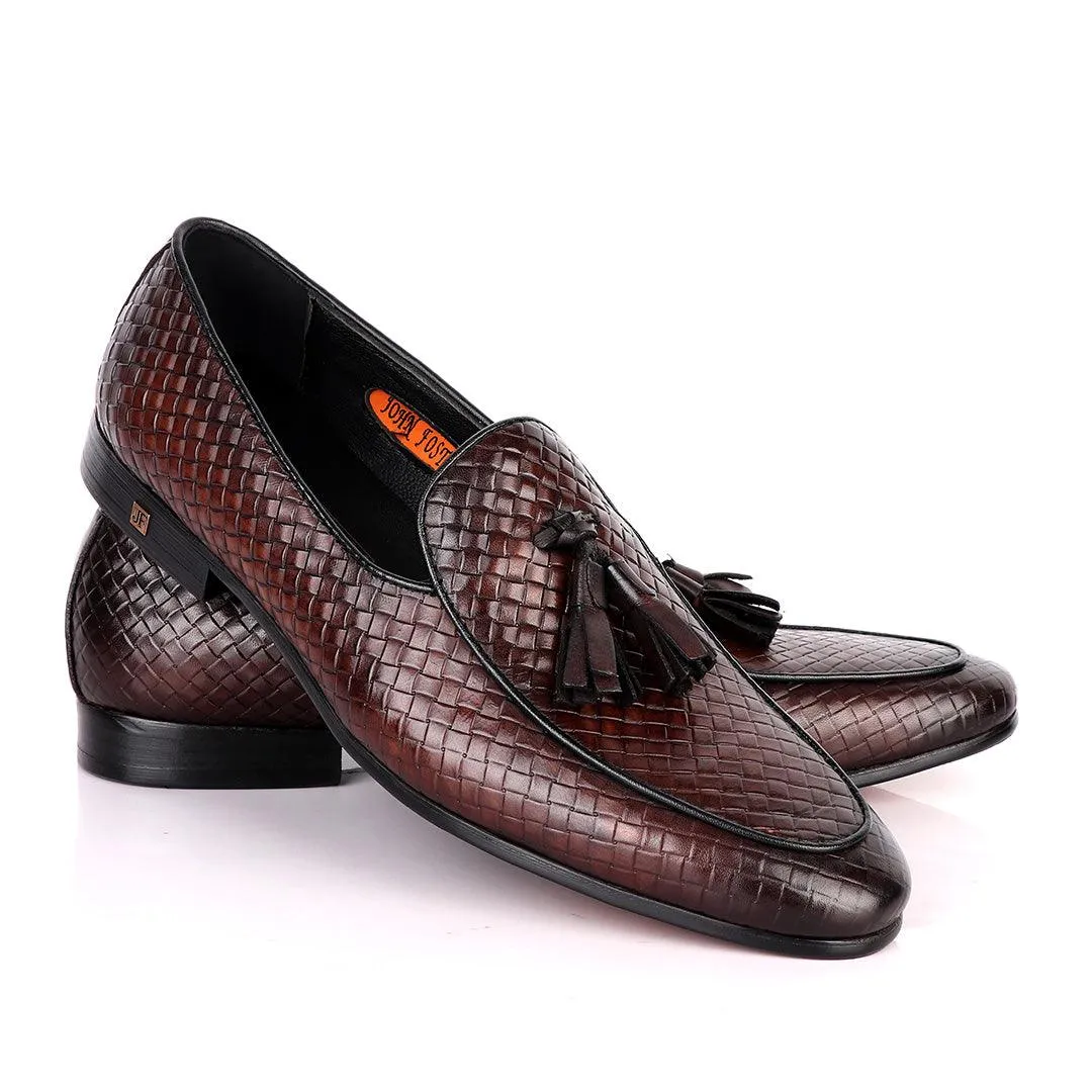 John Foster Full Woven With Tassel Leather Shoe-Coffee