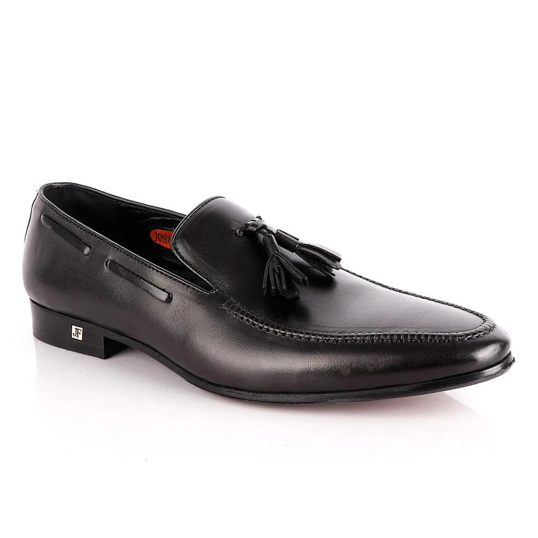 John Foster Plain Black Leather Tassel Slip on Shoe