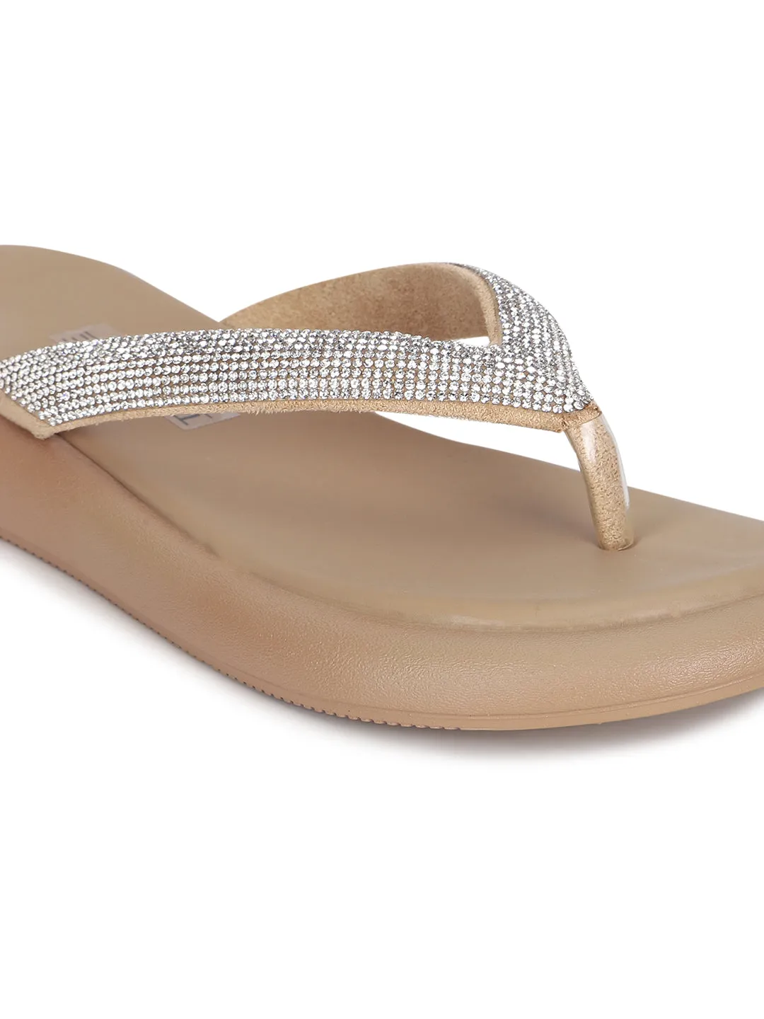 Khaki PU Embellished T-Strap Stylish Flats (TC-RS3639-KHA)