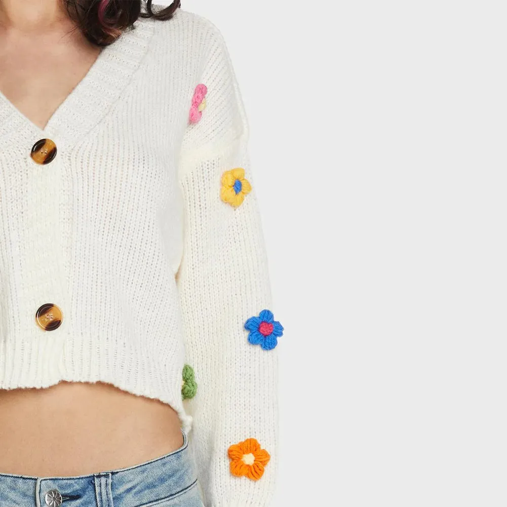 Knit Cochet Floral Cropped Cardigan