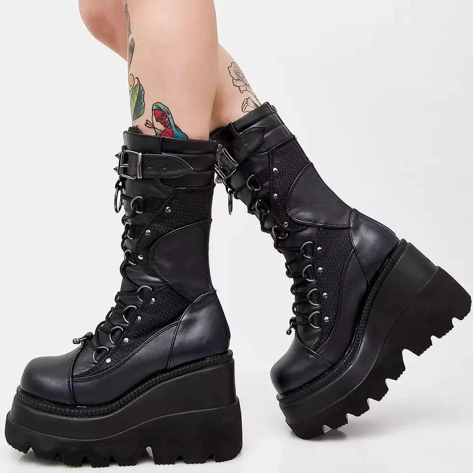 Lace-Up Combat Boot Motorcycle Black Bucke Chunky Boots For Women Winter Shoes