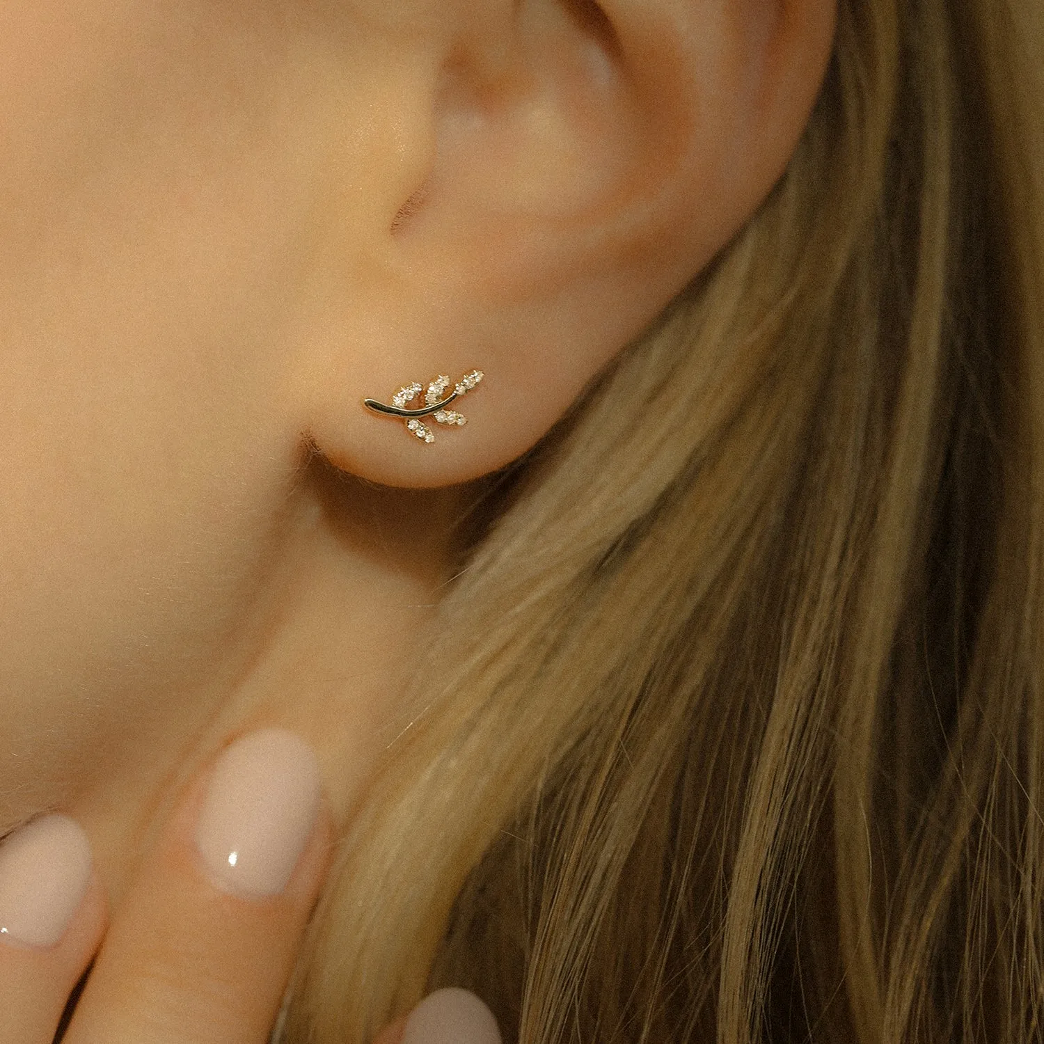 Leaf Studs | 14k Gold & Diamond