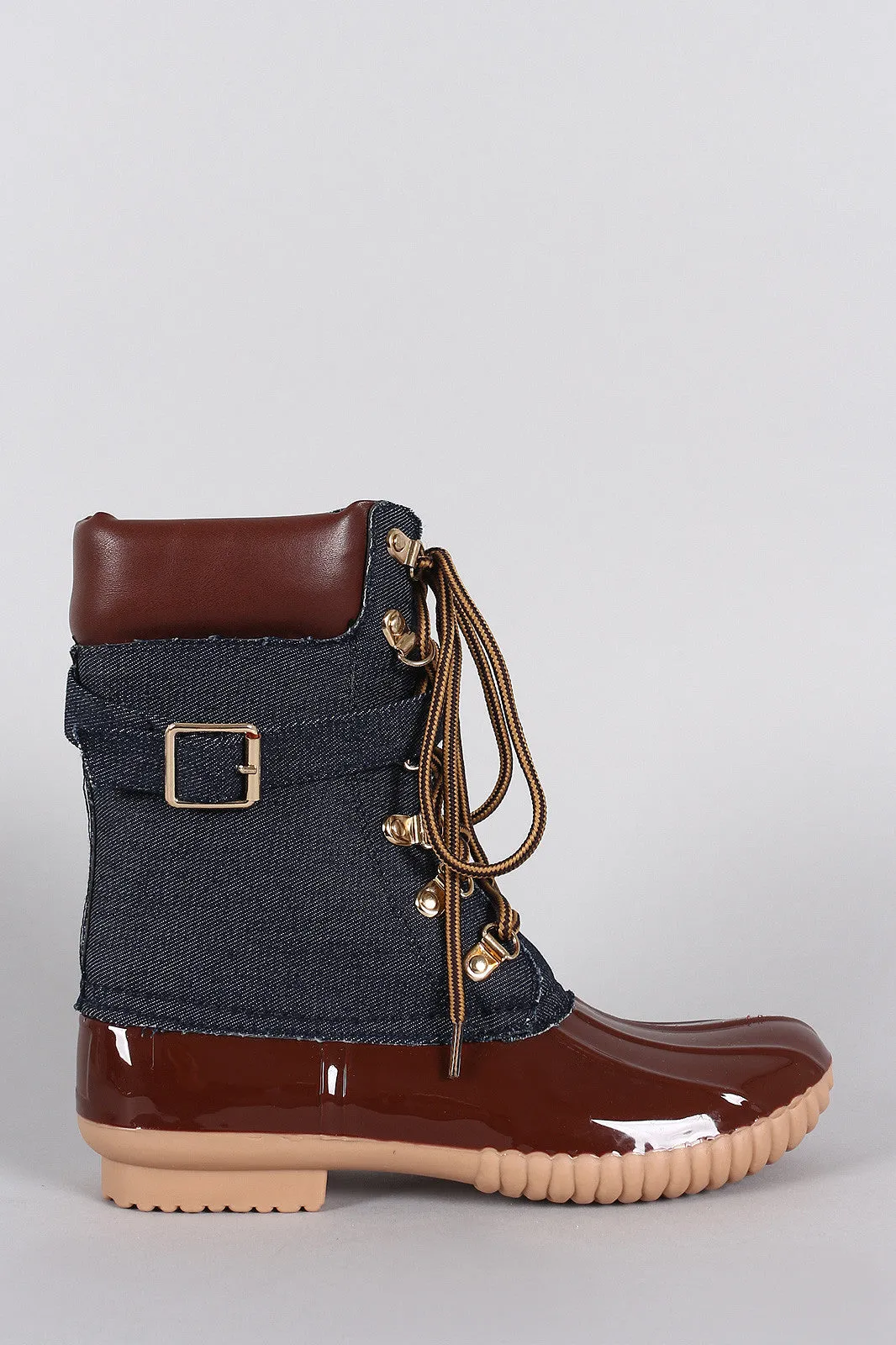 Liliana Denim Buckled Strap Lace Up Duck Ankle Boots