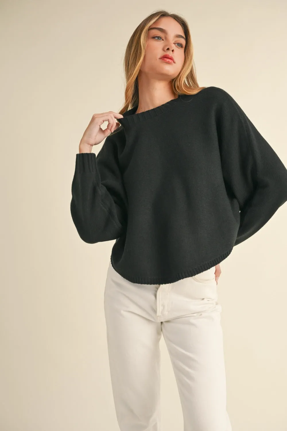 Long Dolman Sleeve Loose Crop Sweater in Black