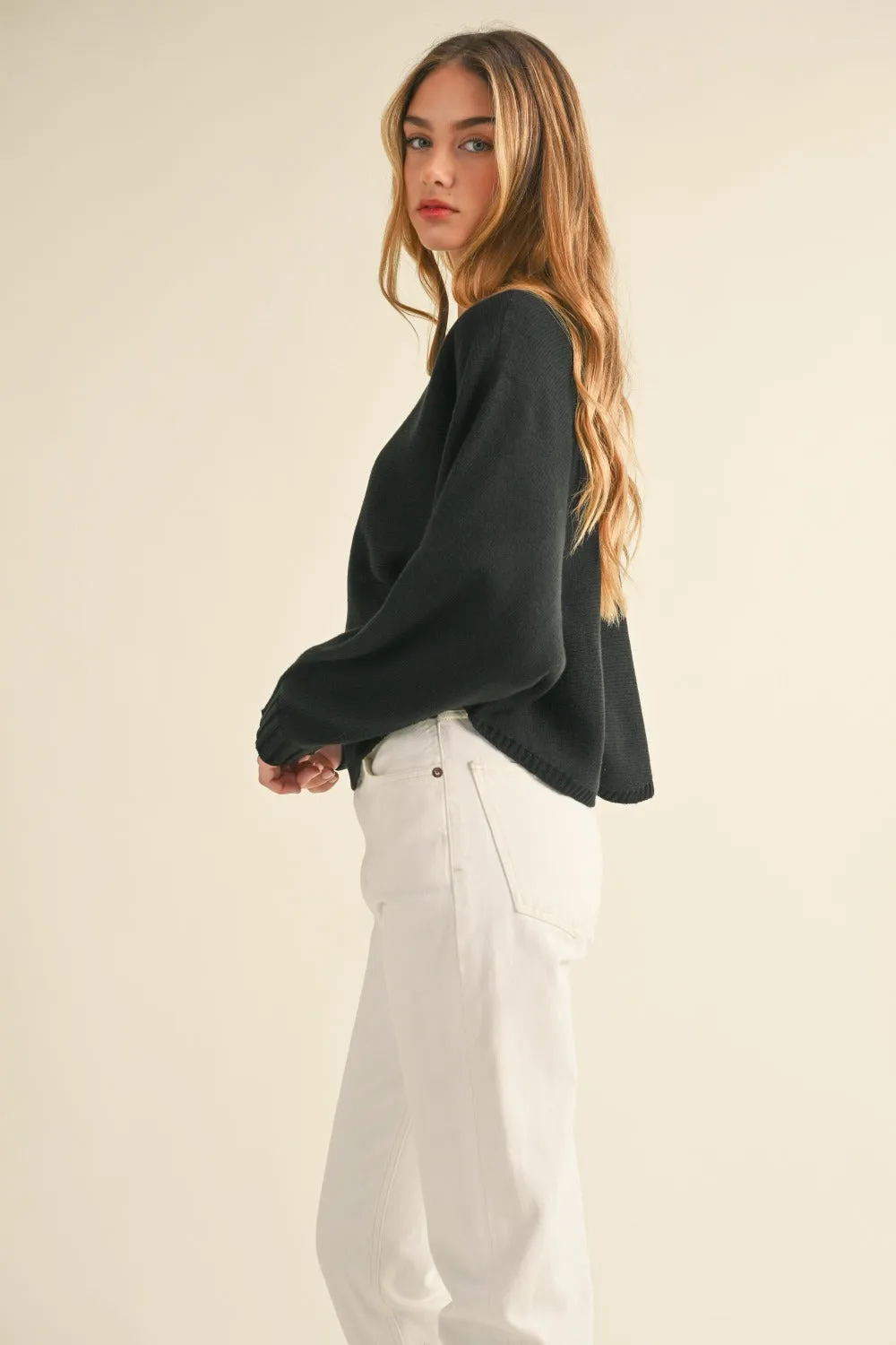 Long Dolman Sleeve Loose Crop Sweater in Black