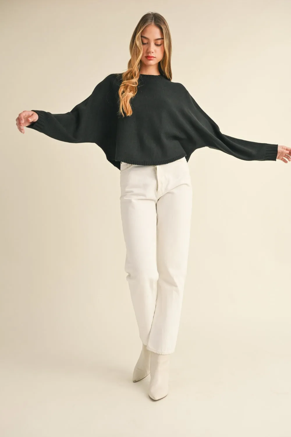 Long Dolman Sleeve Loose Crop Sweater in Black