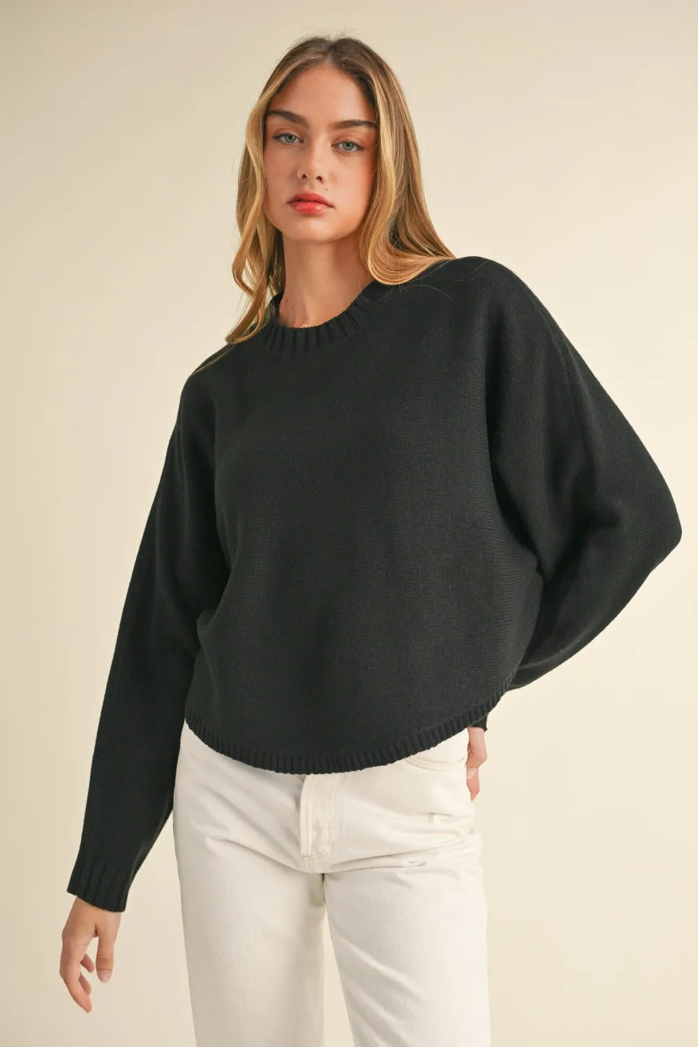 Long Dolman Sleeve Loose Crop Sweater in Black