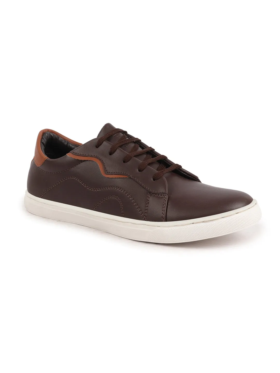 Men Brown Classic Lace Up Elevated Look Sneaker Shoes with Contrast Sole|Low Ankle|Casual Shoe