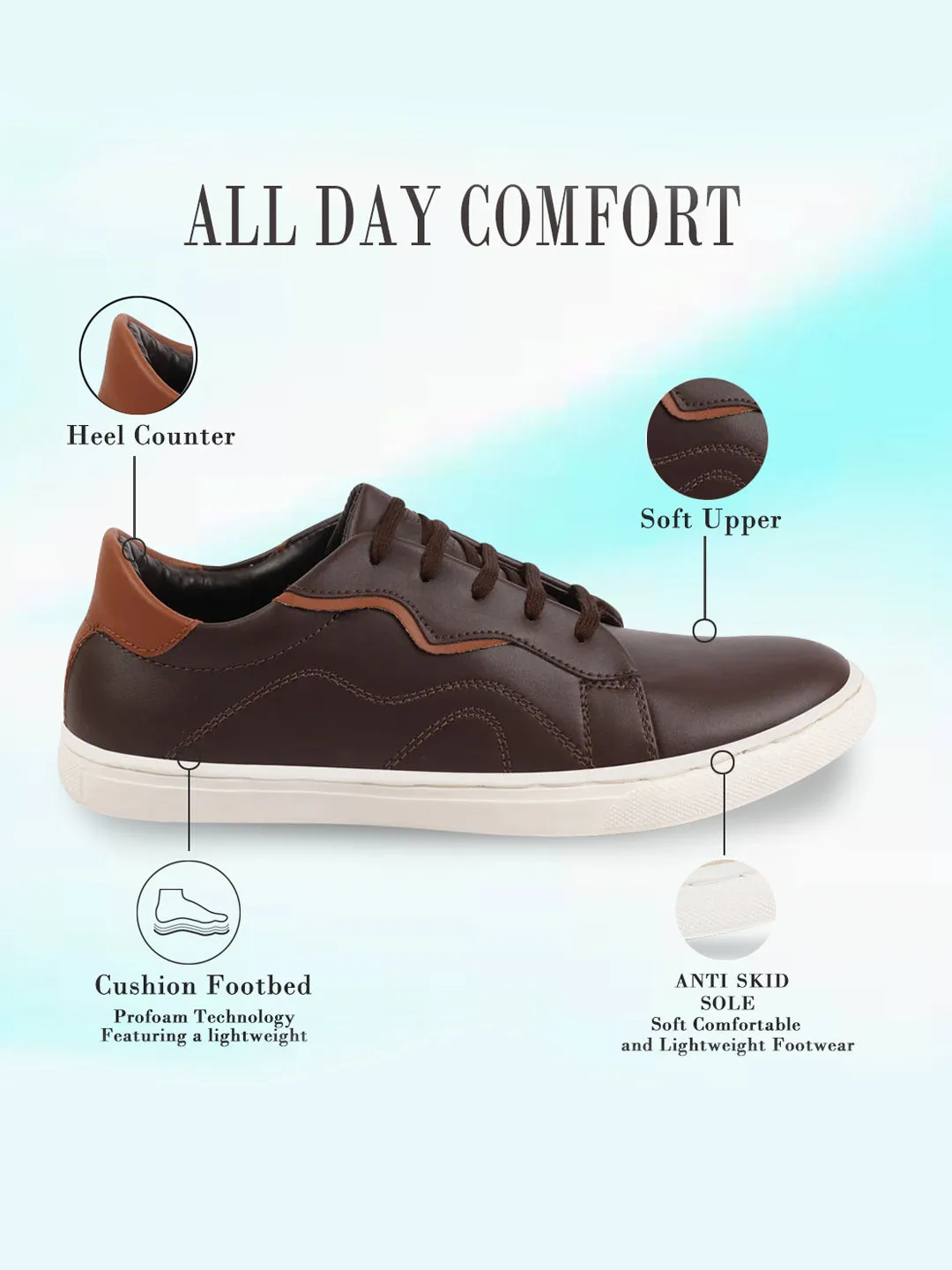 Men Brown Classic Lace Up Elevated Look Sneaker Shoes with Contrast Sole|Low Ankle|Casual Shoe