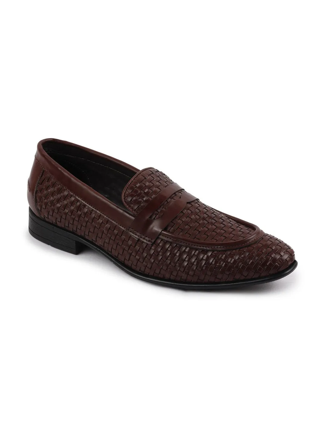 Men Brown Hand Knitted Slip On Penny Loafers