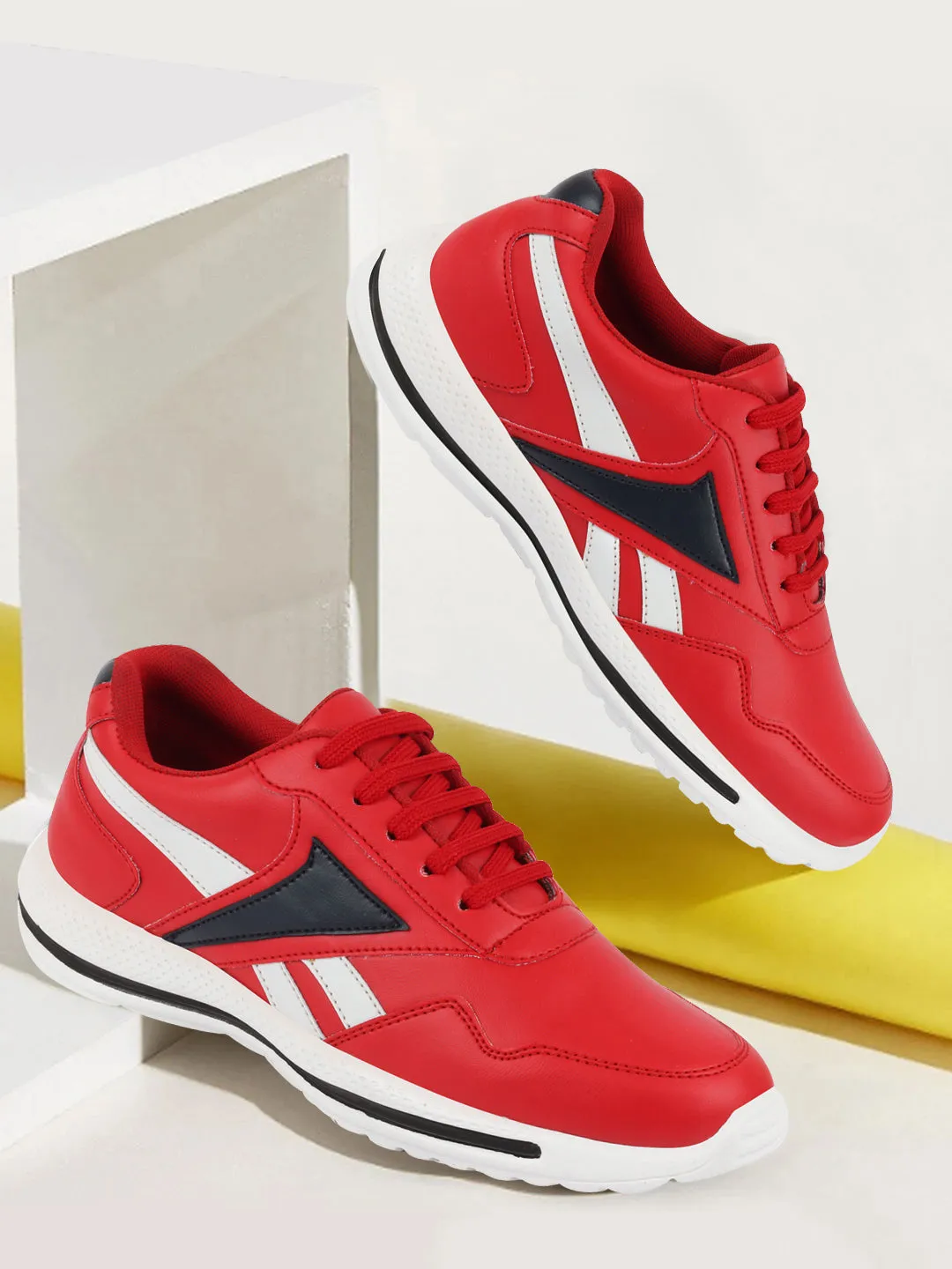 Men Red Sporty Lace Up Chunky Sneakers