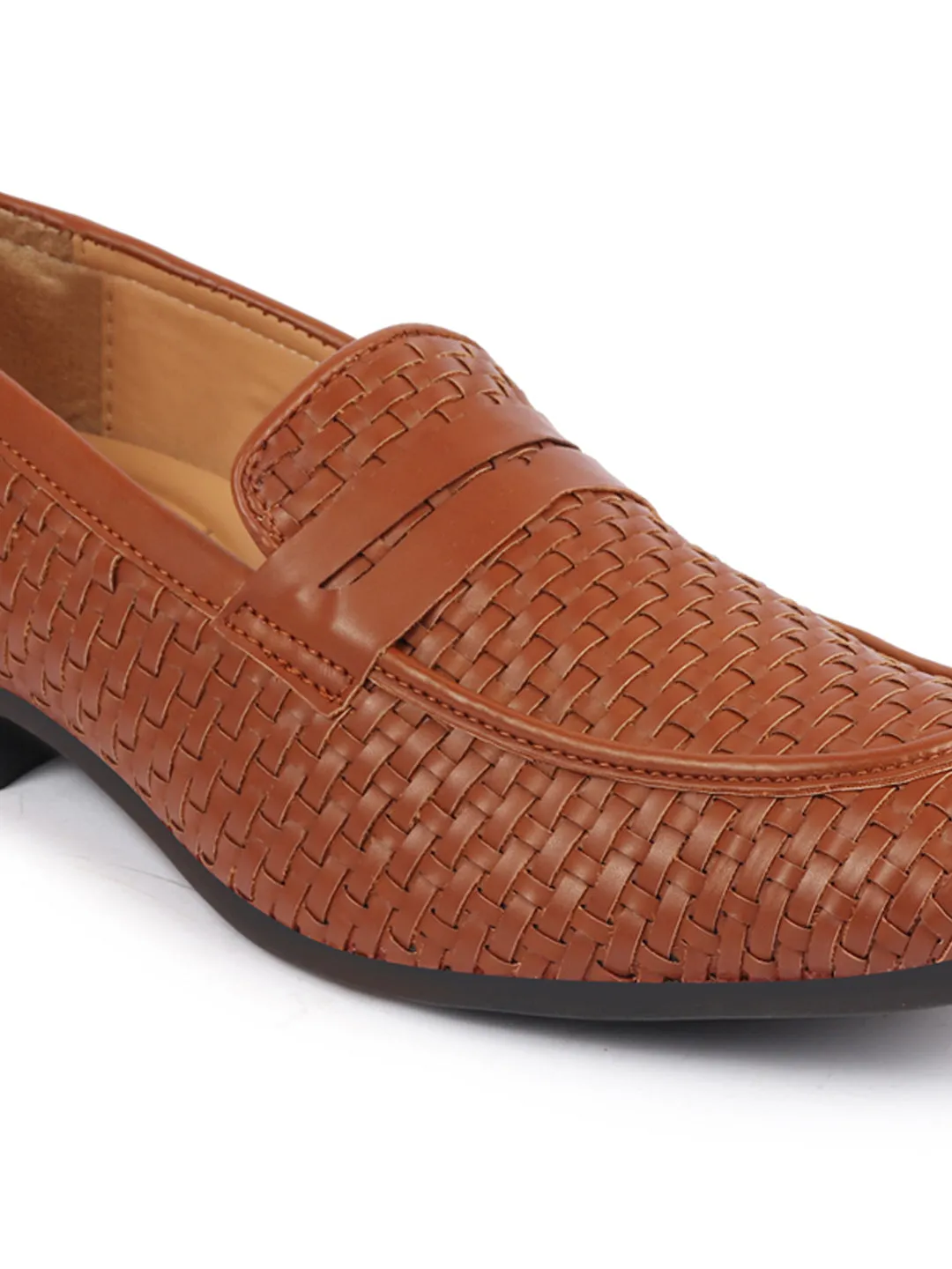 Men Tan Hand Knitted Design Penny Loafer Slip On Shoes